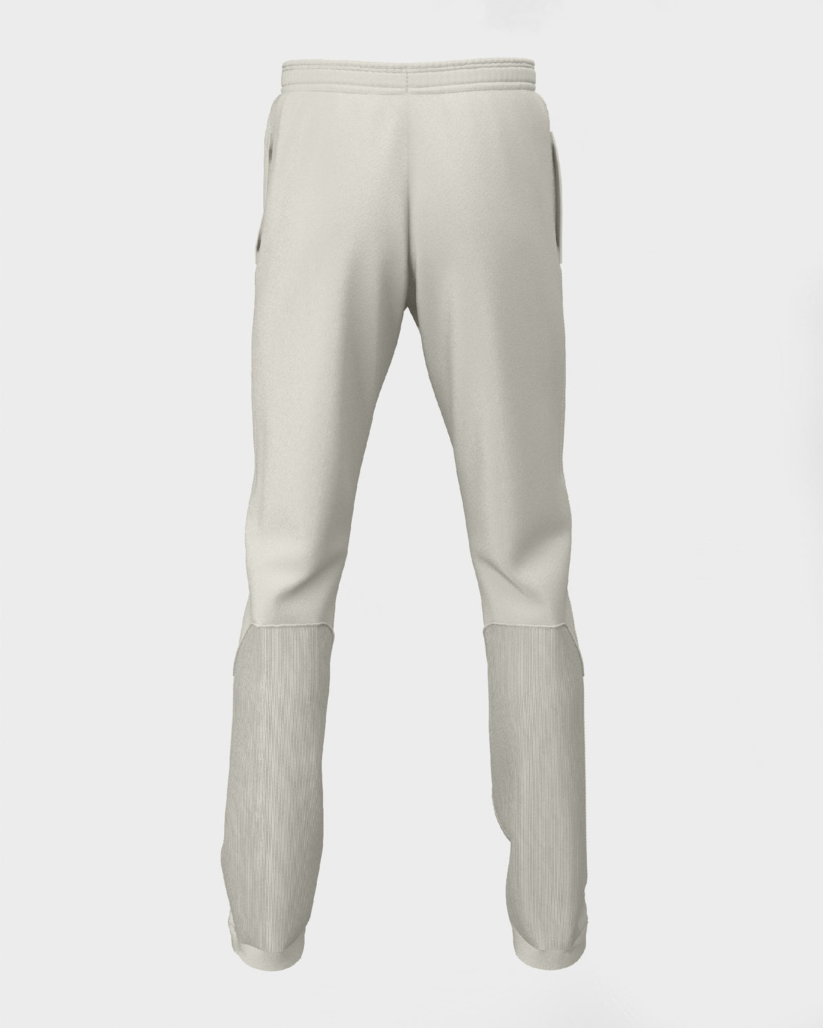 Back view of pair of white cricket trousers for kids, displaying a straight-leg design with a drawstring waistband.