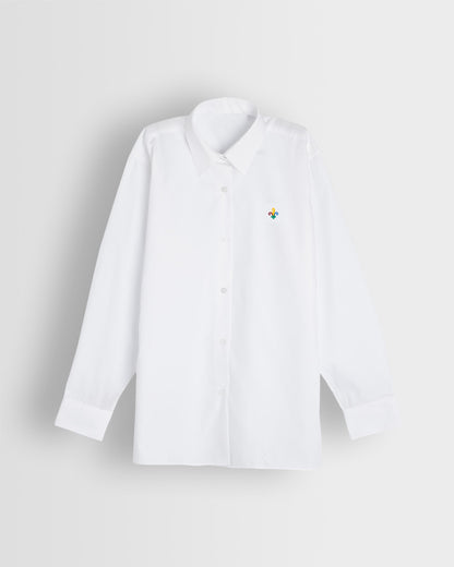 A long sleeve white blouse with a collar, with school logo embroidered on left chest, displayed against a plain background.