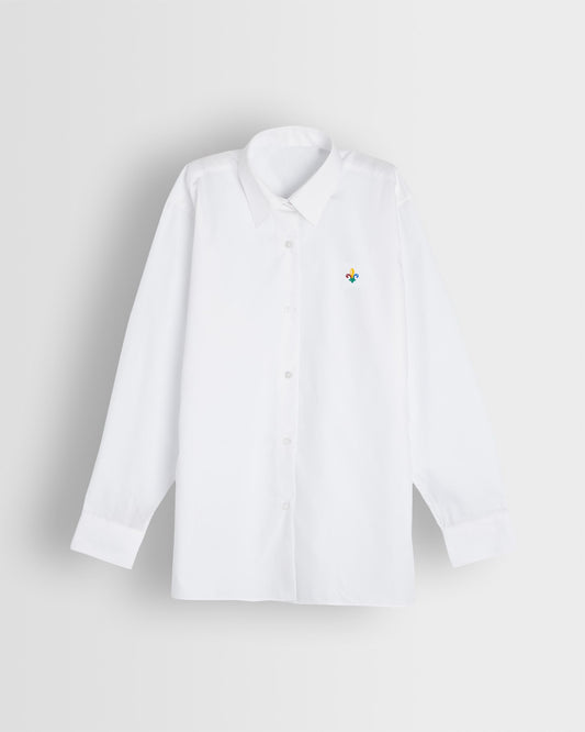 A long sleeve white blouse with a collar, with school logo embroidered on left chest, displayed against a plain background.