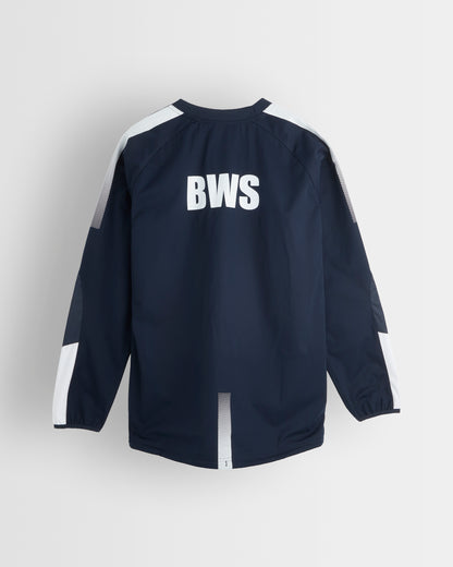 A navy blue long-sleeve athletic jacket with white contrast panels on the shoulders and sleeves, featuring a bold white 'BWS' logo printed across the upper back, shown against a light gray background.
