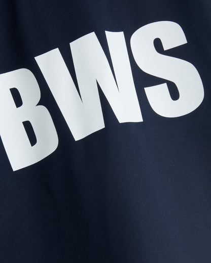 Close-up of a navy blue garment with large white 'BWS' lettering across the back.