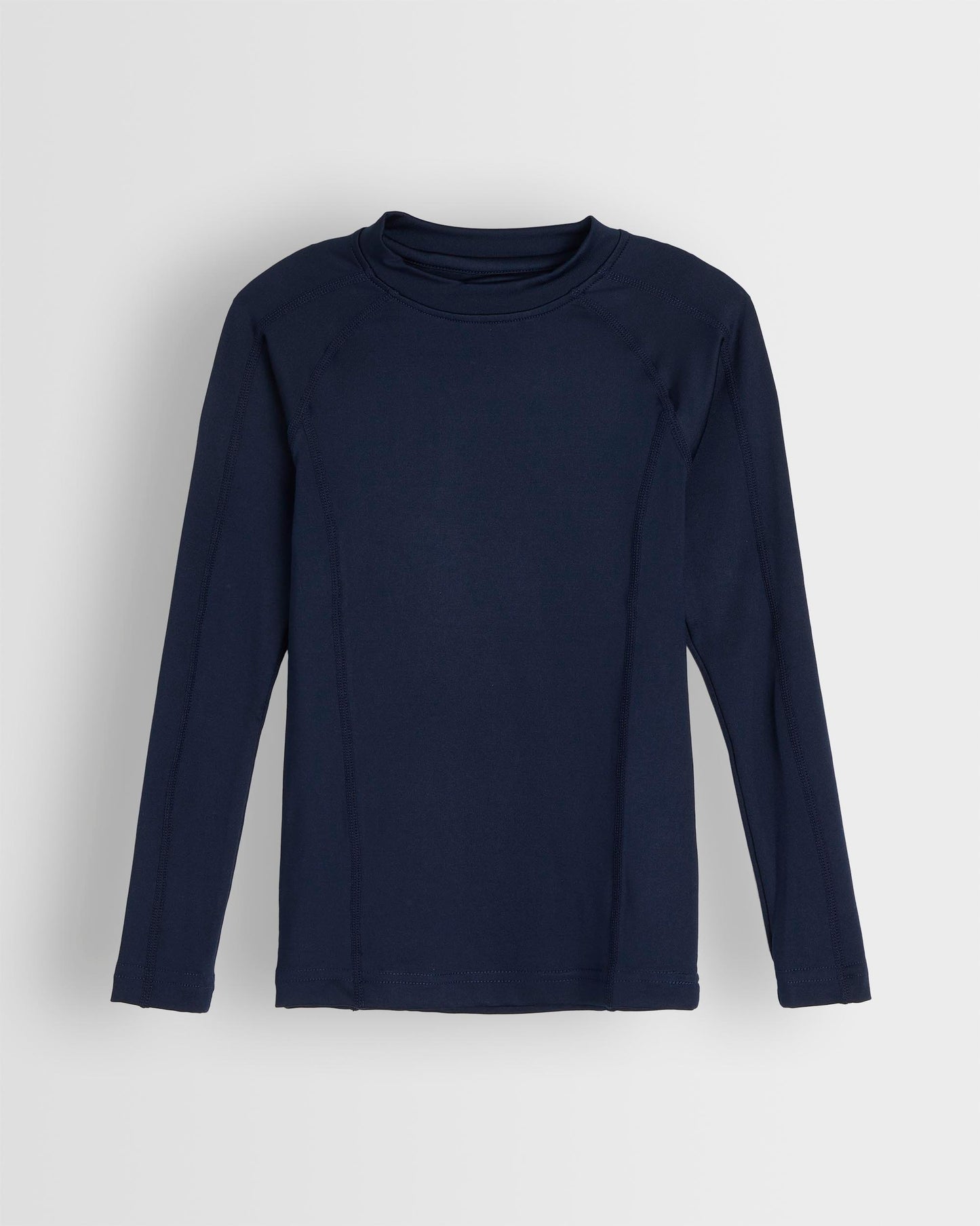 A navy-colored long-sleeved baselayer top laid flat on a plain background.