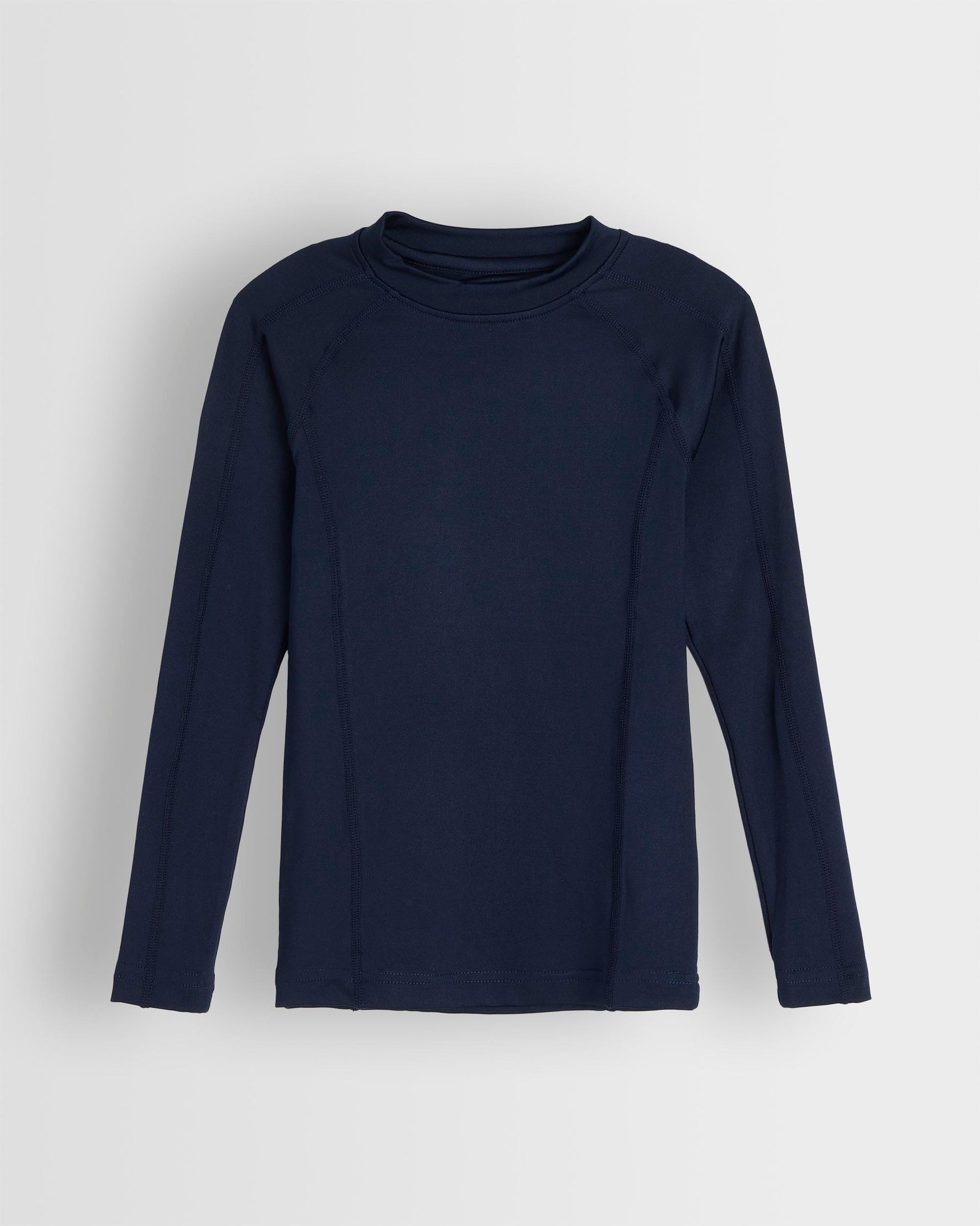A navy-colored long-sleeved baselayer top laid flat on a plain background.