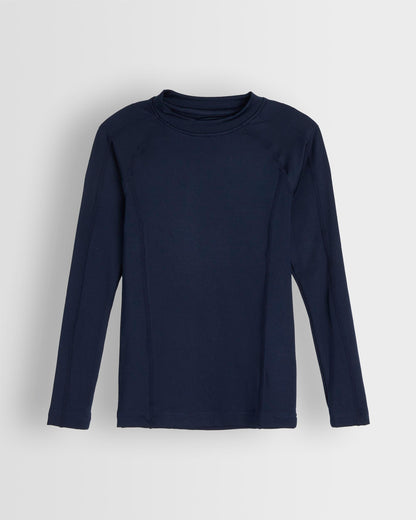 A navy-colored long-sleeved baselayer top laid flat on a plain background.