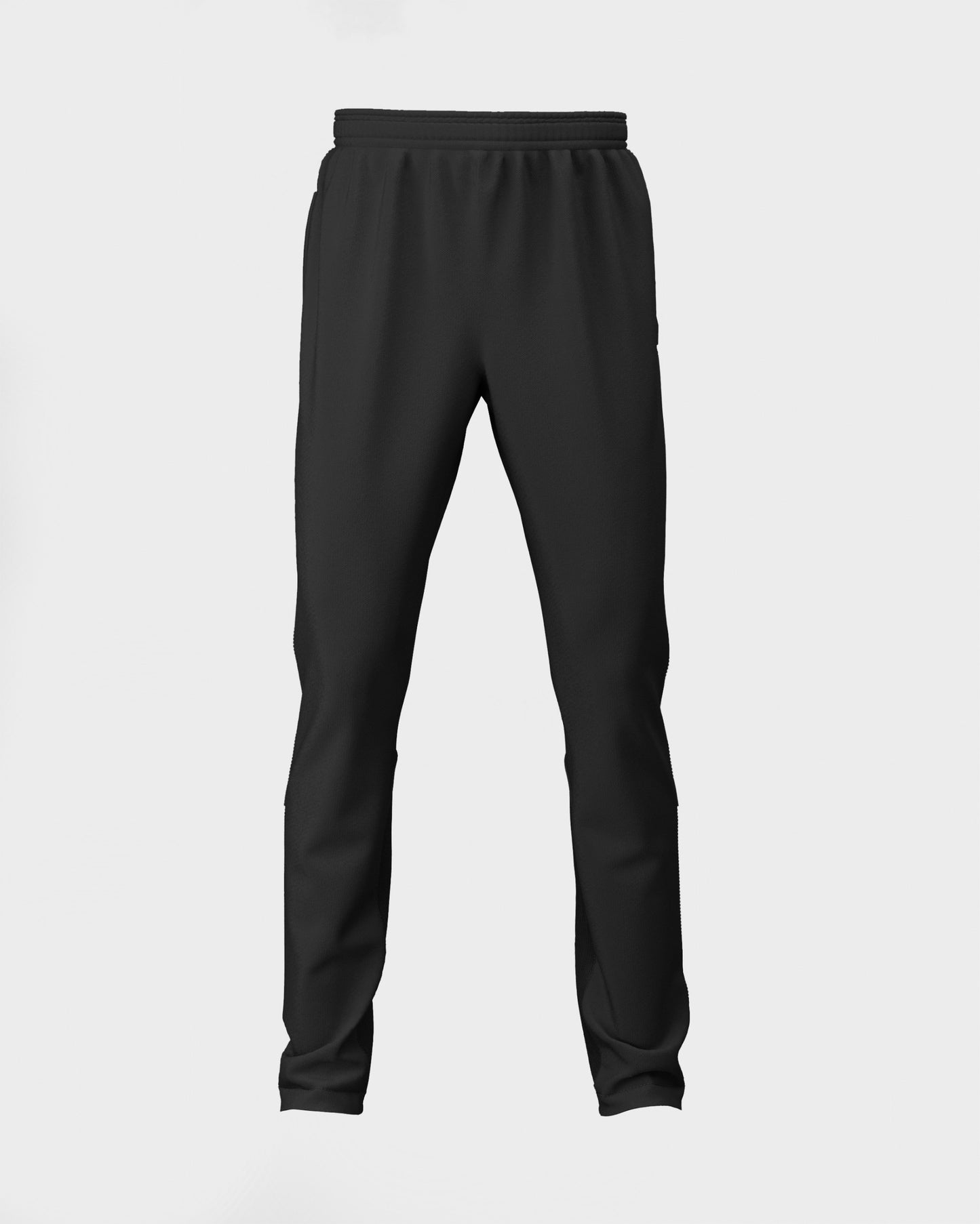 A pair of girls' black cricket trousers with a drawstring at the waist, deep side pockets, and a contrast stretch rib calf panel.