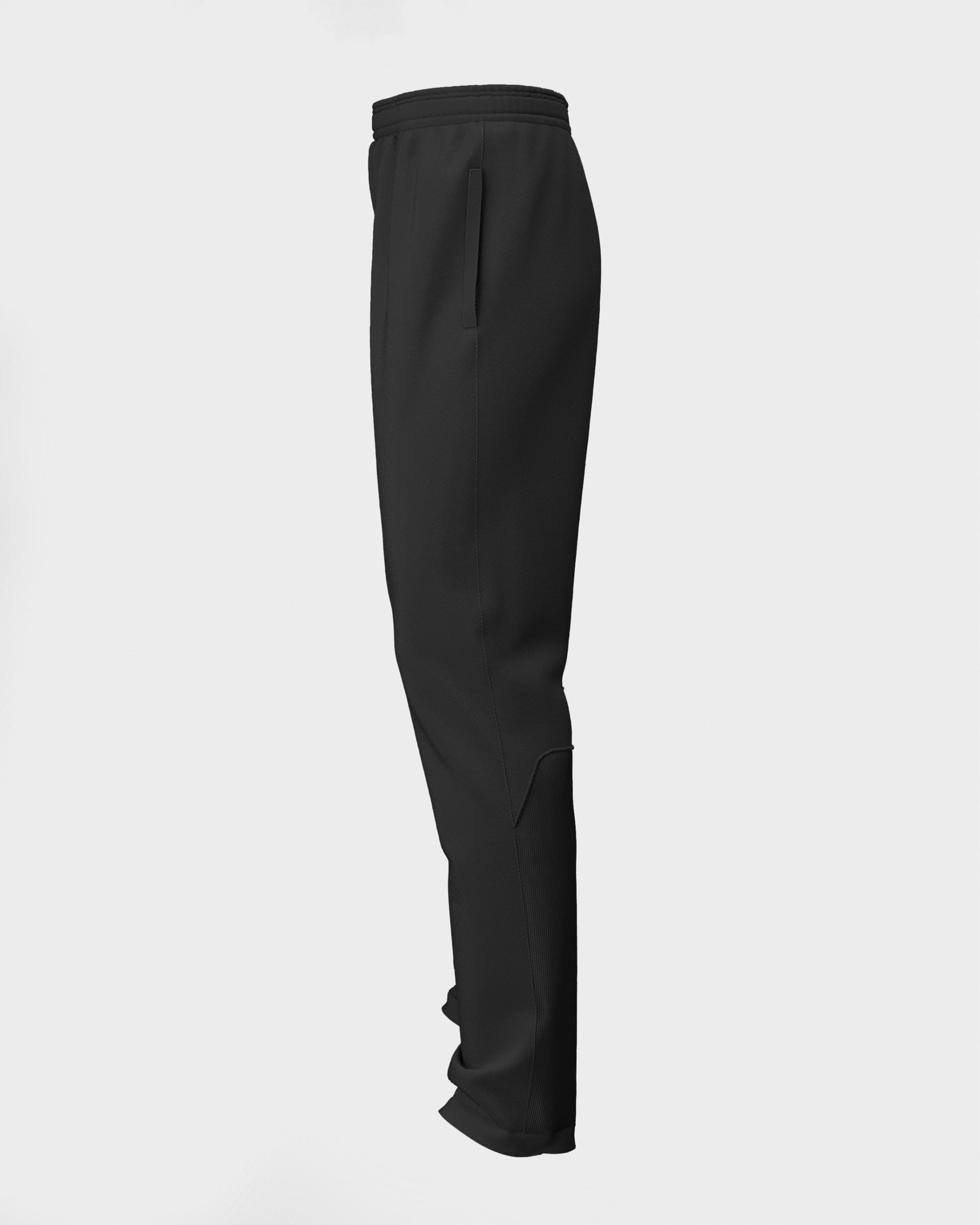 Side view of girls' black cricket trousers with a deep side pockets, and a contrast stretch rib calf panel.