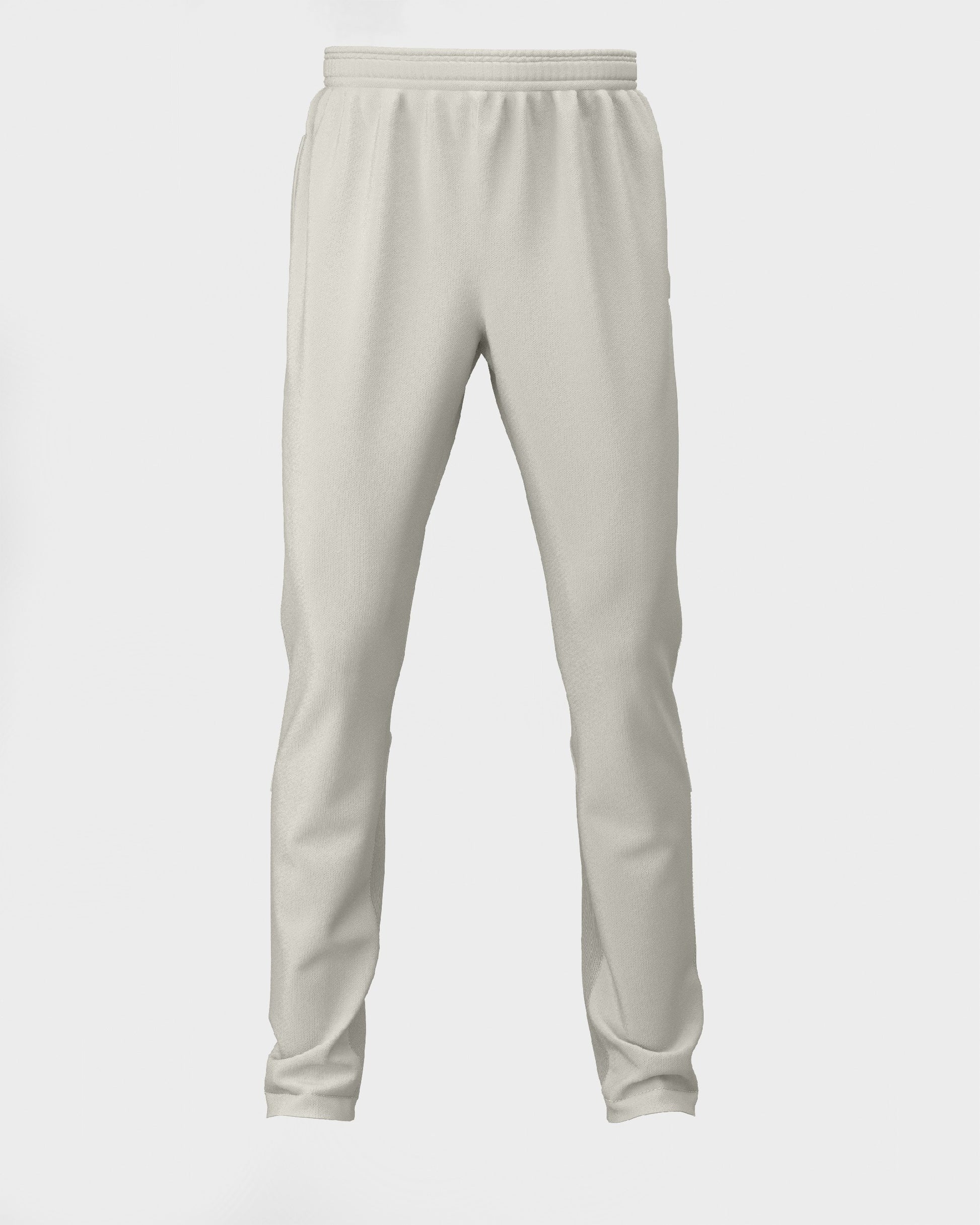 A pair of white cricket trousers for kids, displaying a straight-leg design with a drawstring waistband.