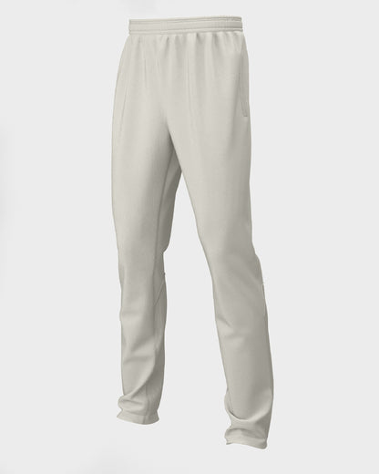 1/4 view of pair of white cricket trousers for kids, displaying a straight-leg design with a drawstring waistband.