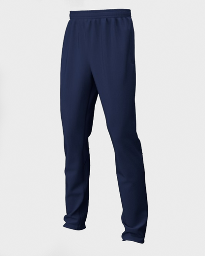 1/4 view pair of girls' navy cricket trousers with a drawstring at the waist, deep side pockets, and a contrast stretch rib calf panel.