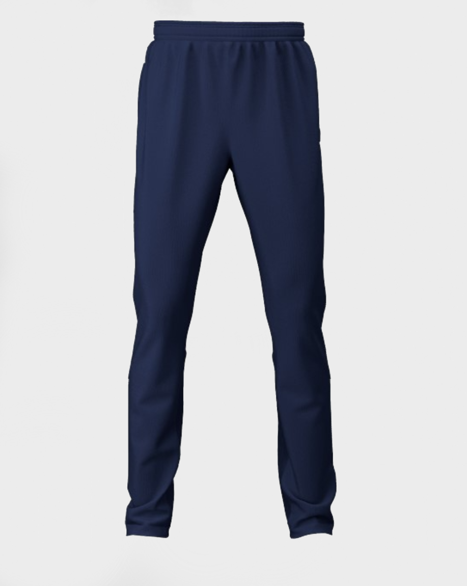 A pair of girls' navy cricket trousers with a drawstring at the waist, deep side pockets, and a contrast stretch rib calf panel.