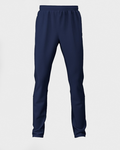 A pair of girls' navy cricket trousers with a drawstring at the waist, deep side pockets, and a contrast stretch rib calf panel.