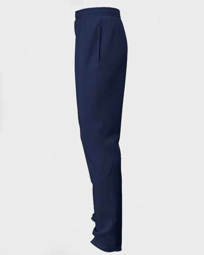Side view of pair of girls' navy cricket trousers with a deep side pockets, and a contrast stretch rib calf panel.