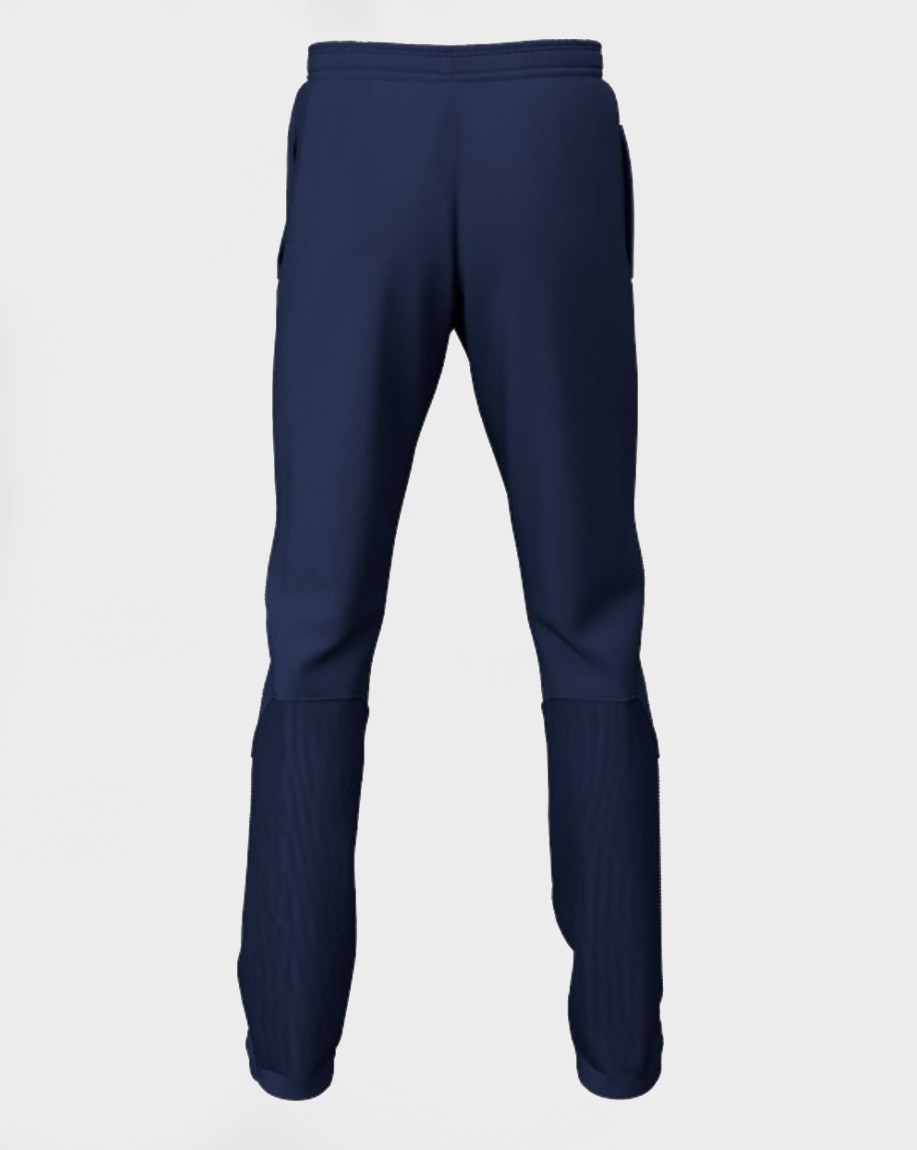 Back view of a pair of girls' navy cricket trousers with a drawstring at the waist, deep side pockets, and a contrast stretch rib calf panel.