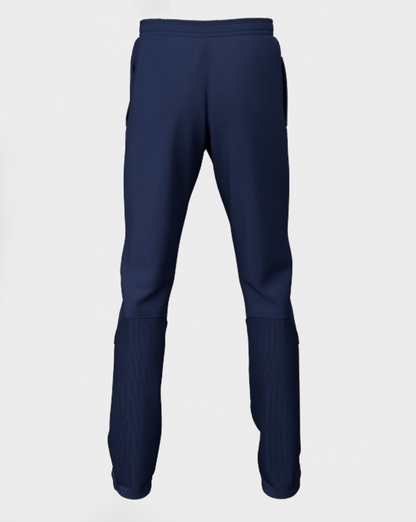 Back view of a pair of girls' navy cricket trousers with a drawstring at the waist, deep side pockets, and a contrast stretch rib calf panel.