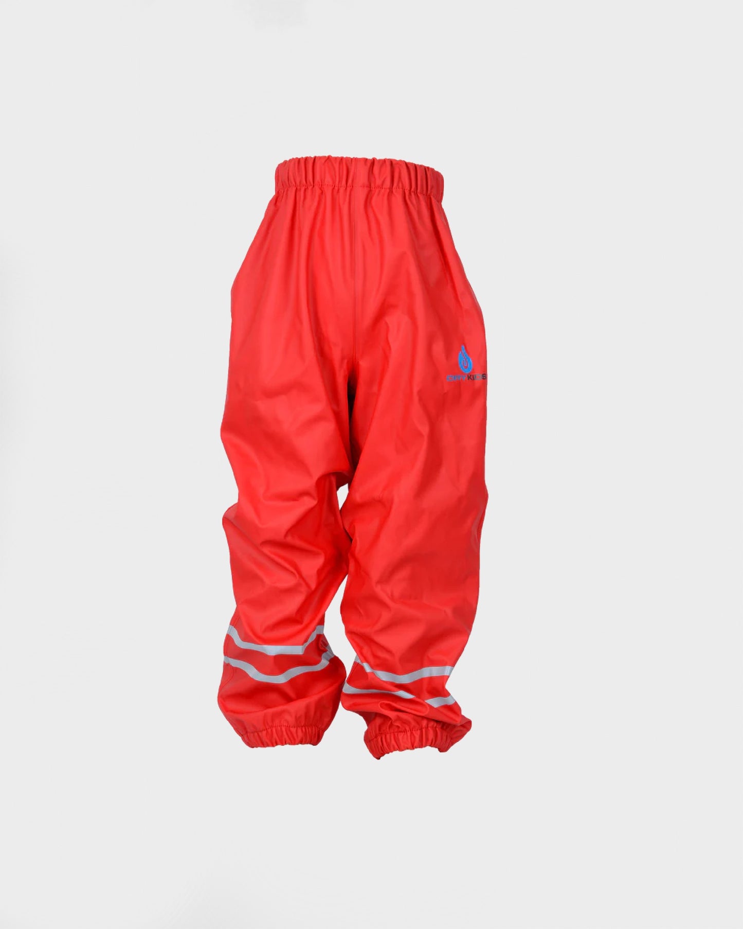 A pair of red waterproof trousers with elastic waist and ankle straps, suitable for children's outdoor play.