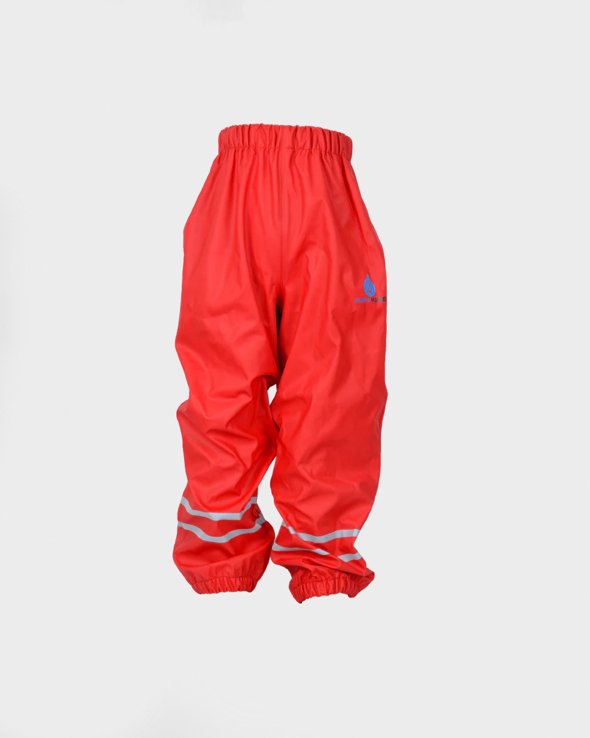 A pair of red waterproof trousers with elastic waist and ankle straps, suitable for children's outdoor play.