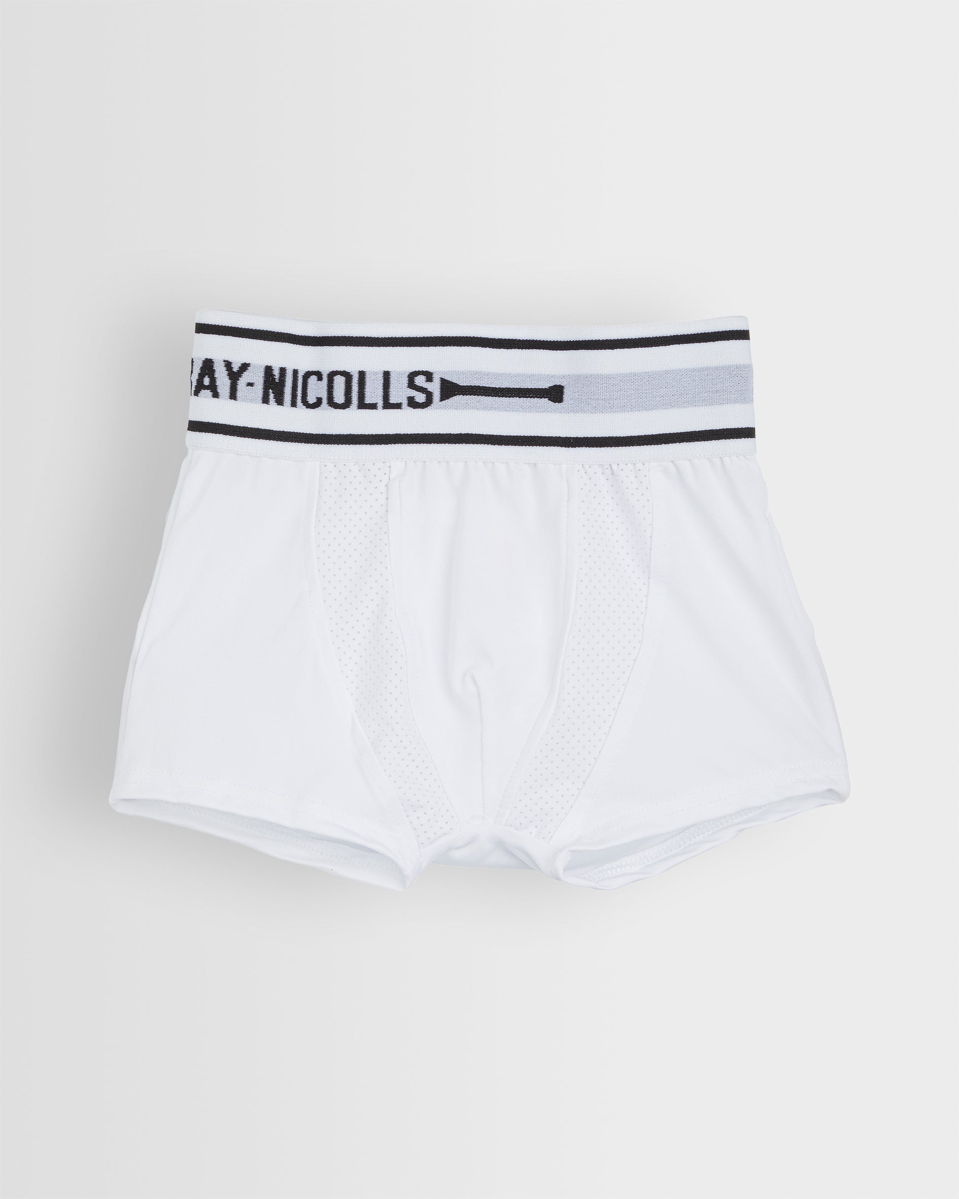 A pair of white cricket undershorts with a black and white branded elastic waistband.