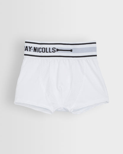 A pair of white cricket undershorts with a black and white branded elastic waistband.