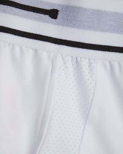Close up of white cricket undershorts/trunks waist showing elastic waist and fabrics used