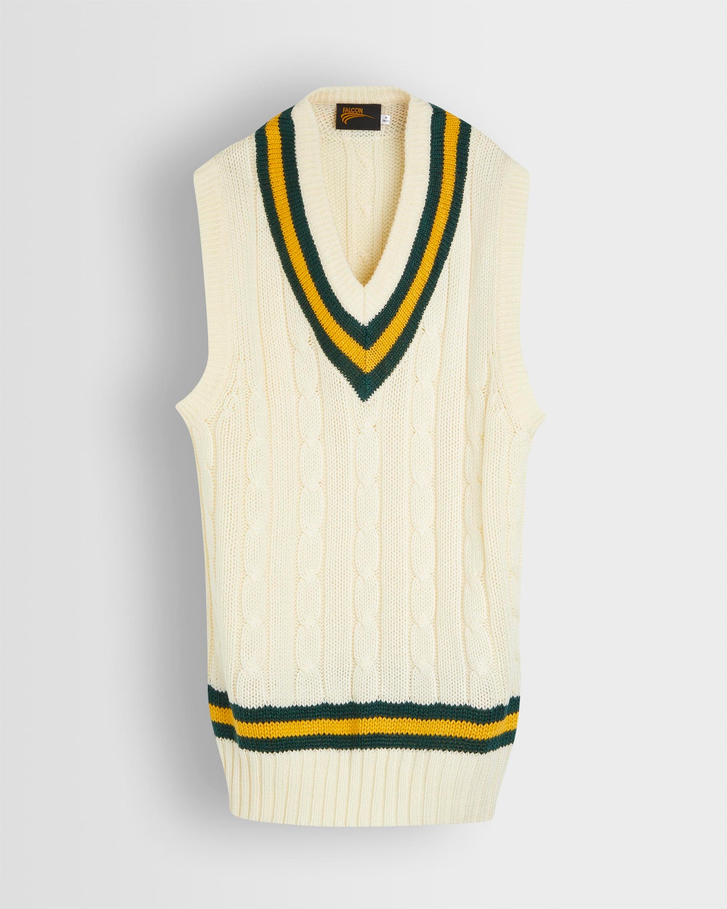 A sleeveless cricket slipover with a V-neck collar, featuring white as the primary color with green and gold stripes on the neck and waist.