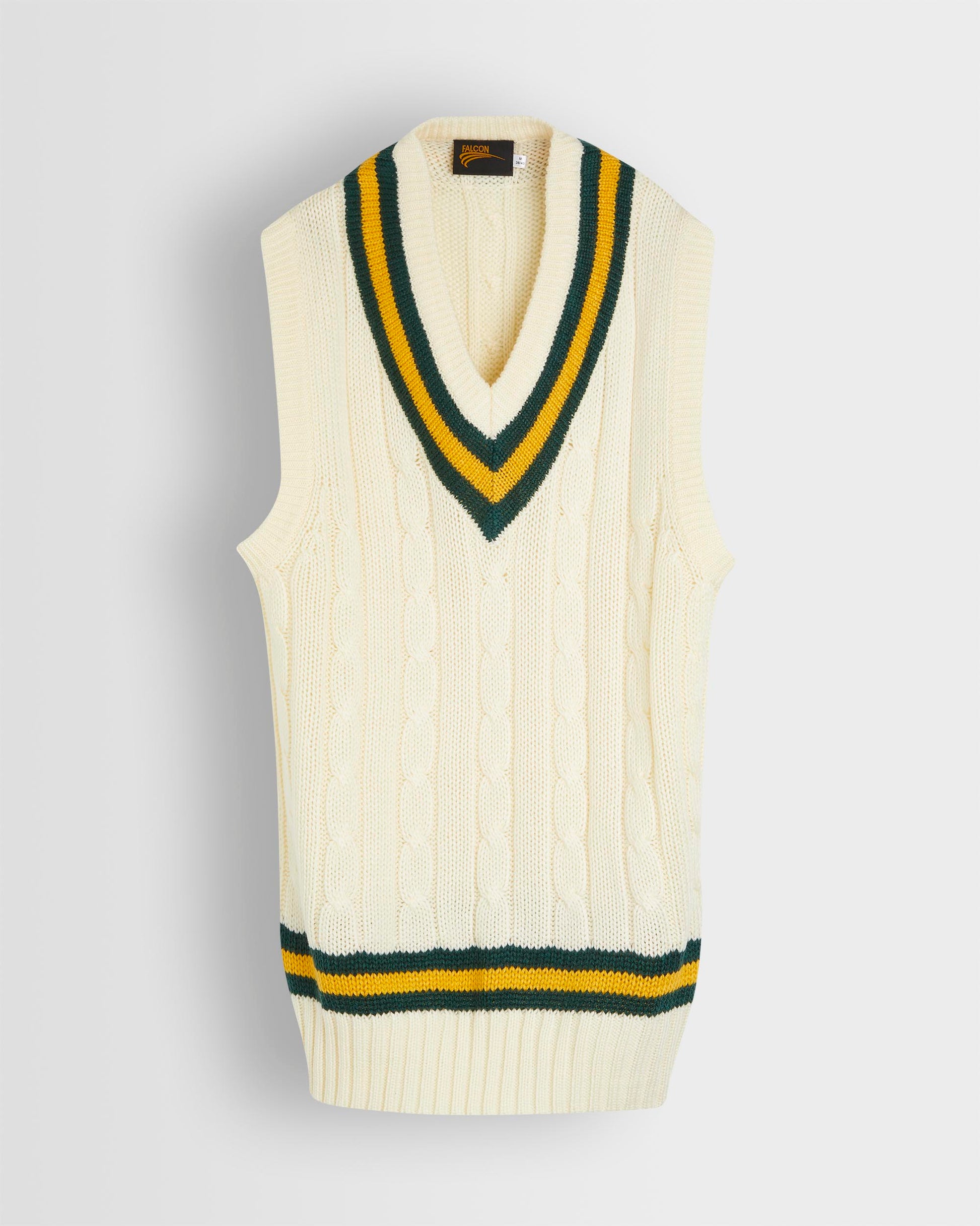 A sleeveless cricket slipover with a V-neck collar, featuring white as the primary color with green and gold stripes on the neck and waist.