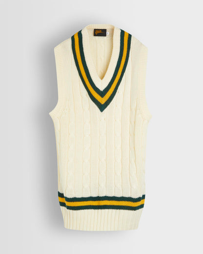 A sleeveless cricket slipover with a V-neck collar, featuring white as the primary color with green and gold stripes on the neck and waist.
