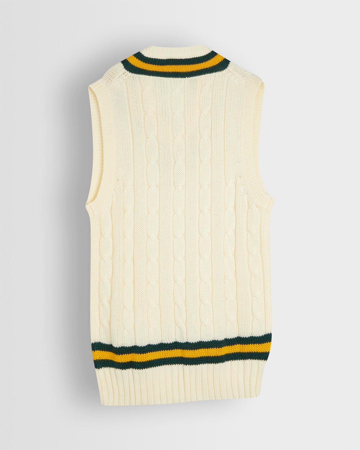 Back shot of a sleeveless cricket slipover with a V-neck collar, featuring white as the primary color with green and gold stripes on the neck and waist.