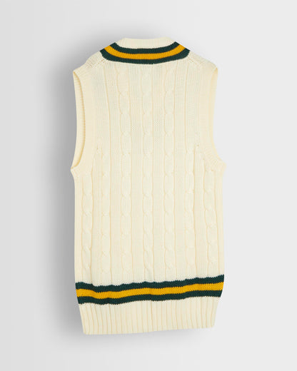 Back shot of a sleeveless cricket slipover with a V-neck collar, featuring white as the primary color with green and gold stripes on the neck and waist.