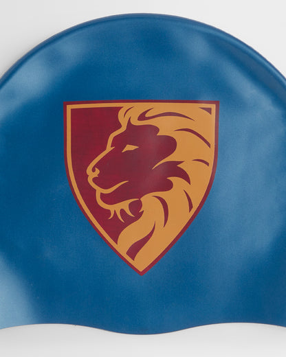 A close-up of a blue curved surface featuring a shield-shaped crest with a lion head in gold and burgundy.