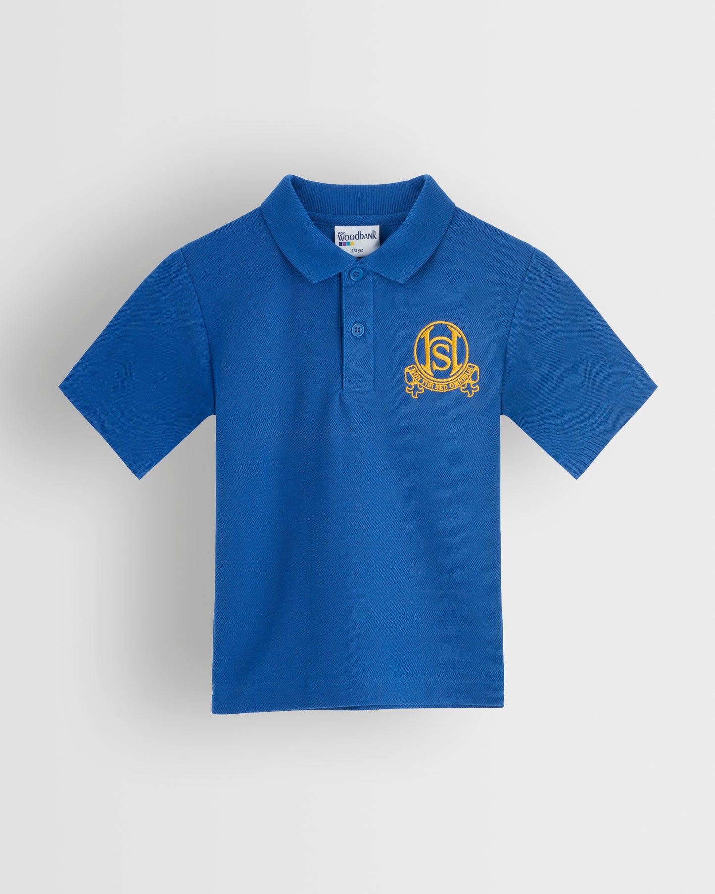 Blue polo shirt with a yellow logo on a light grey background