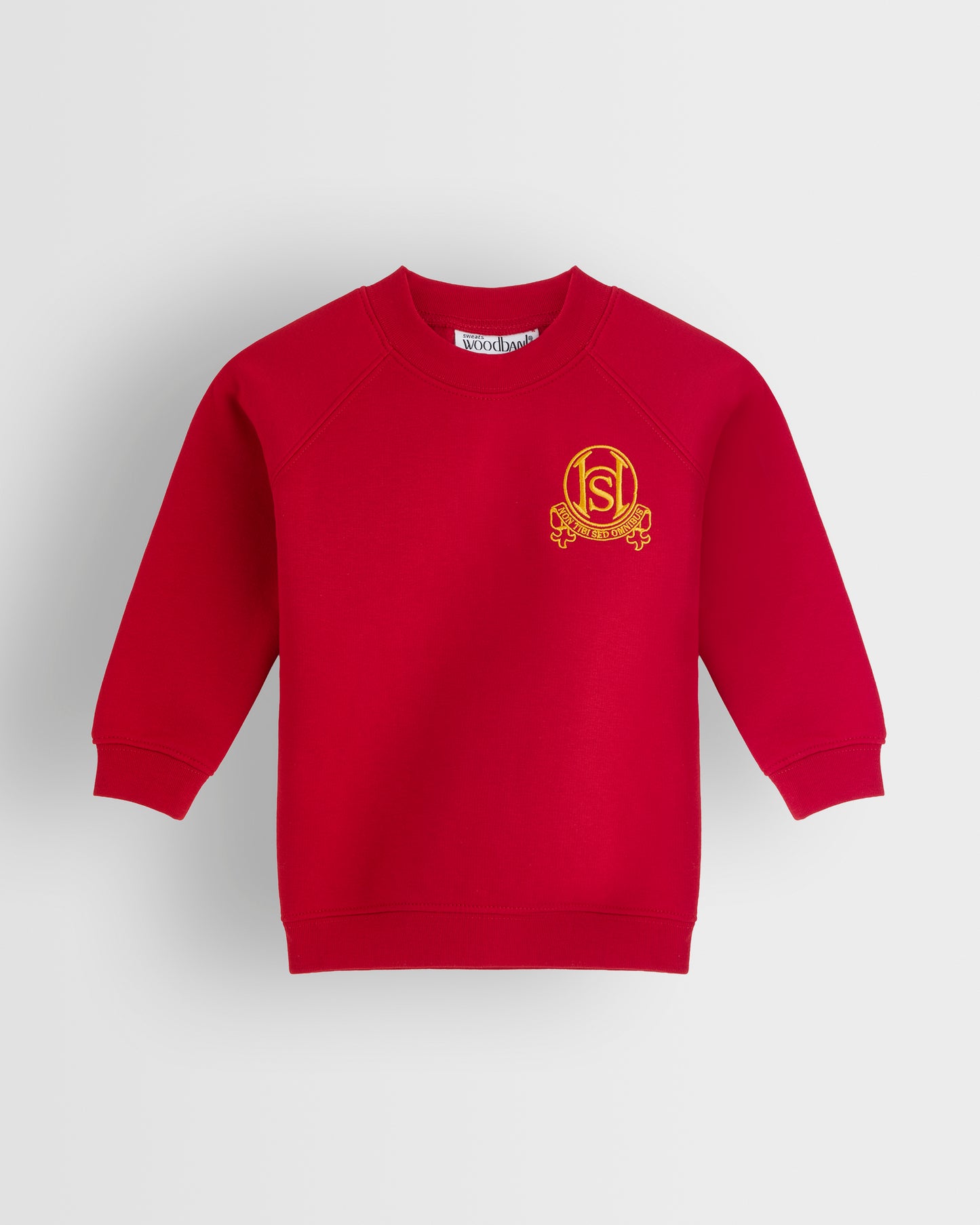 Red sweatshirt with a yellow logo on a light grey background