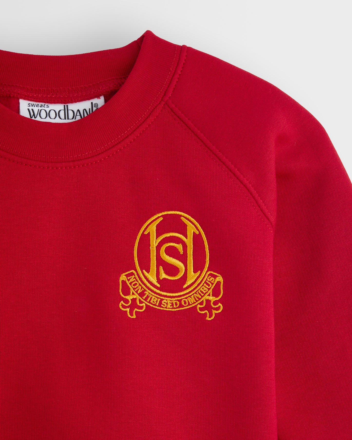Red sweatshirt with yellow logo on a white background