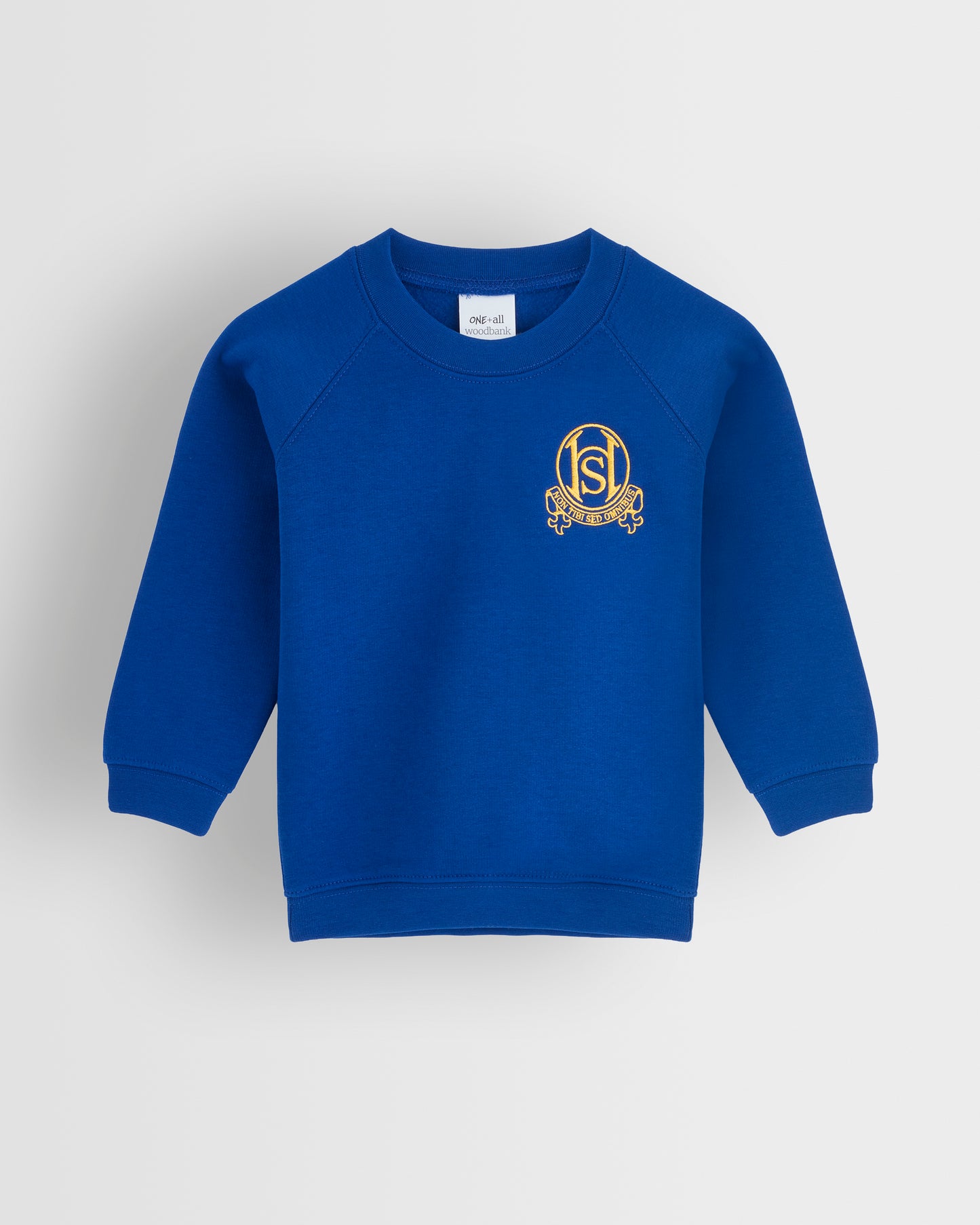 Blue sweatshirt with a yellow logo on a white background