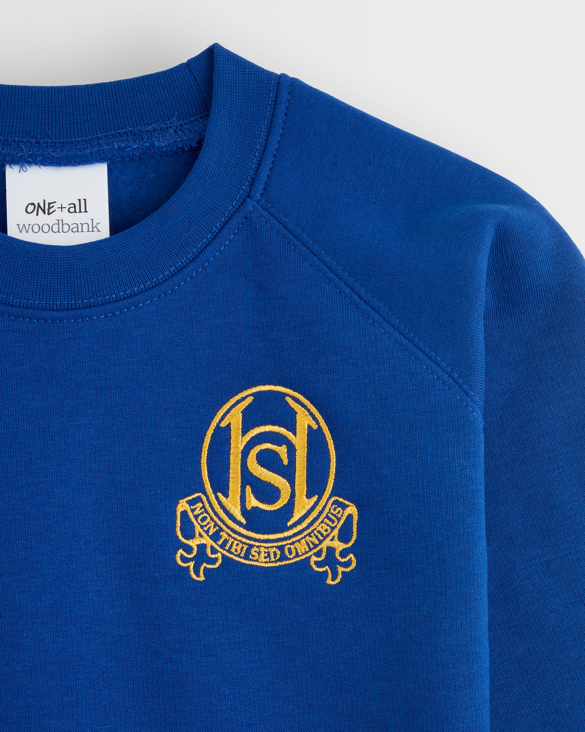 Blue sweatshirt with yellow logo on a white background
