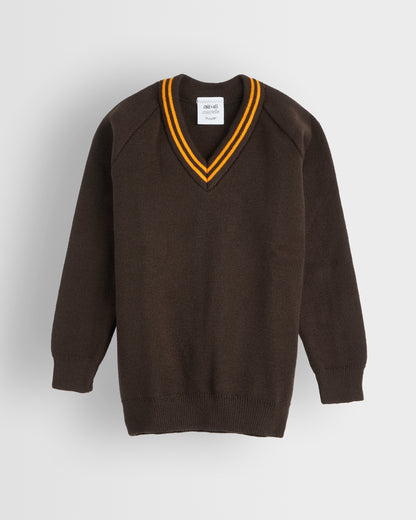 Brown V-Neck Jumper with Amber Trim