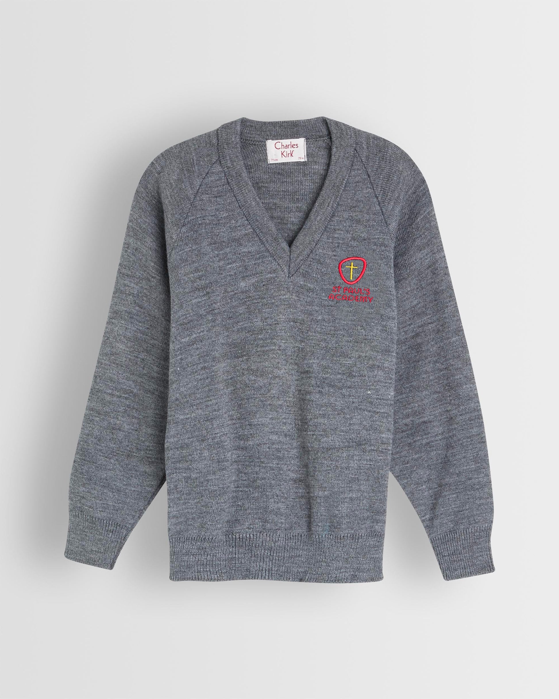 A grey unisex pullover with school branding, with a V-neck and long sleeves.