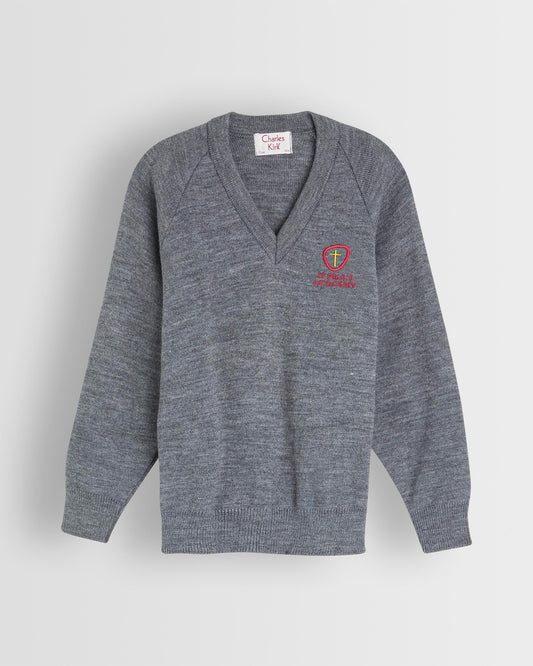 A grey unisex pullover with school branding, with a V-neck and long sleeves.