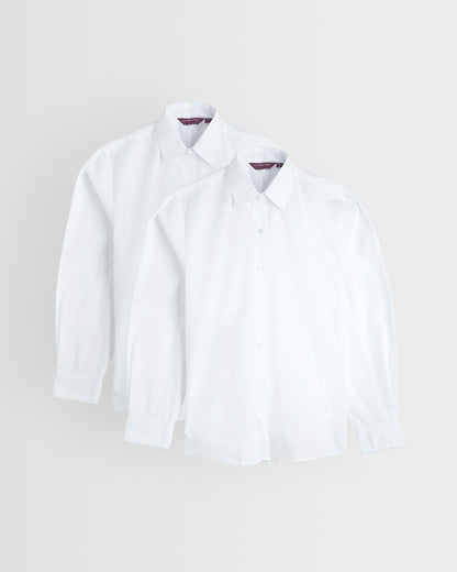 Two white long sleeve shirts laid out flat on a white background, standard collar, buttoned to the neck.