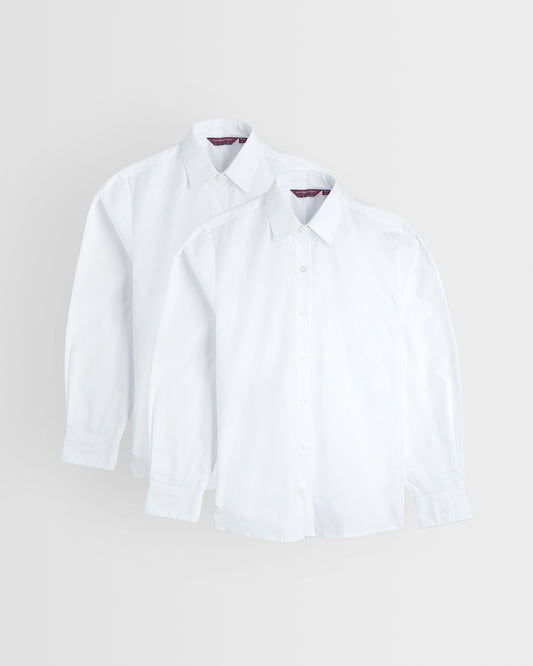 Two white long sleeve shirts laid out flat on a white background, standard collar, buttoned to the neck.