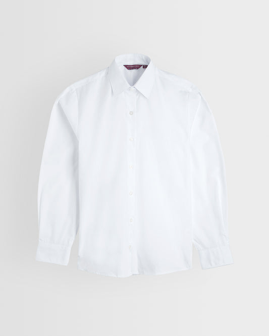 Front of single white blouse on grey background