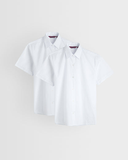 Two white short sleeve girls' shirts with collars, displayed against a white background.