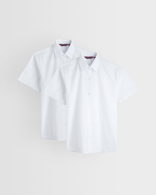 Two white short sleeve girls' shirts with collars, displayed against a white background.