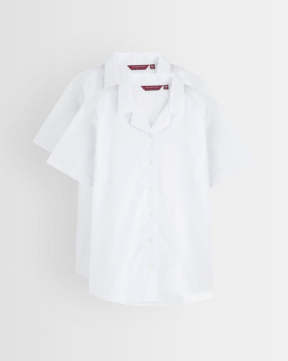 White blouse with revere collar on a light grey background