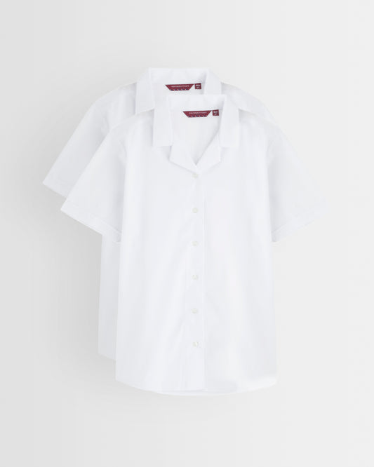 White blouse with revere collar on a light grey background