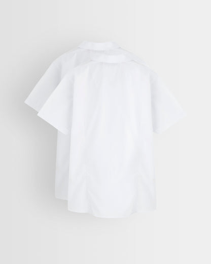 Back view of white revere collar blouse on a light grey background