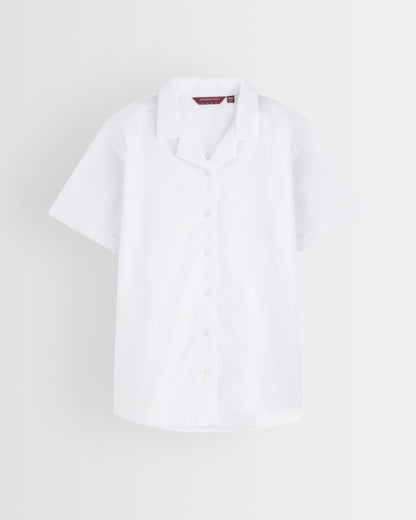 Single white revere collar short-sleeve blouse on a light grey background