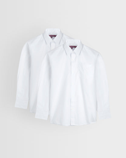 Two white long sleeve shirts laid out flat on a white background, one with the collar visible and the other showing the chest area.