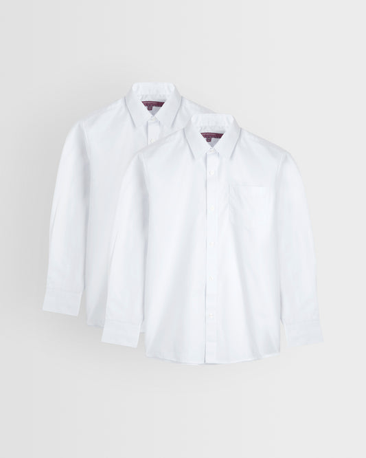 Two white long sleeve shirts laid out flat on a white background, one with the collar visible and the other showing the chest area.