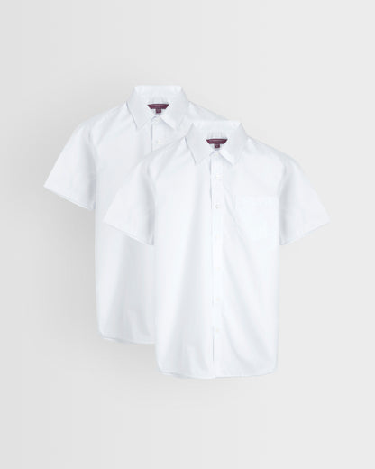 Two short-sleeved white shirts laid out flat on a white background, showcasing the collar and button-up front.