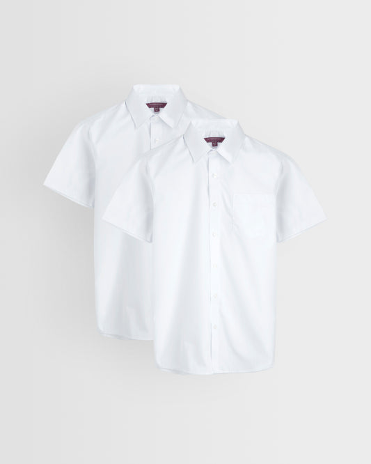 Two short-sleeved white shirts laid out flat on a white background, showcasing the collar and button-up front.